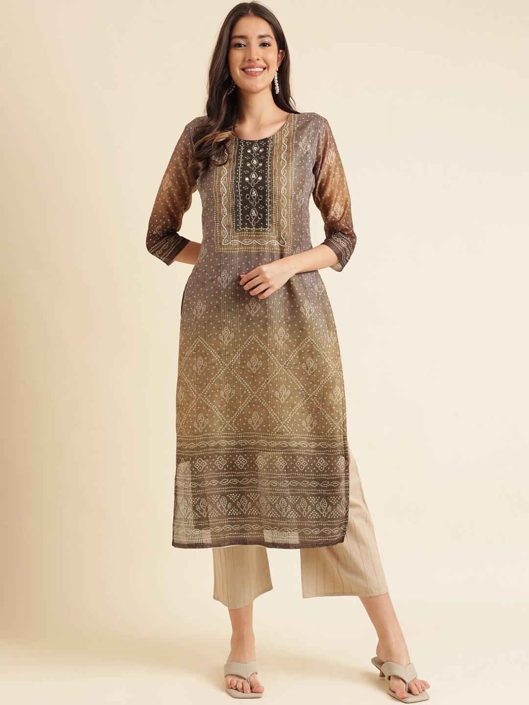 

HERE&NOW Bandhani Printed Sequinned Straight Kurta, Brown