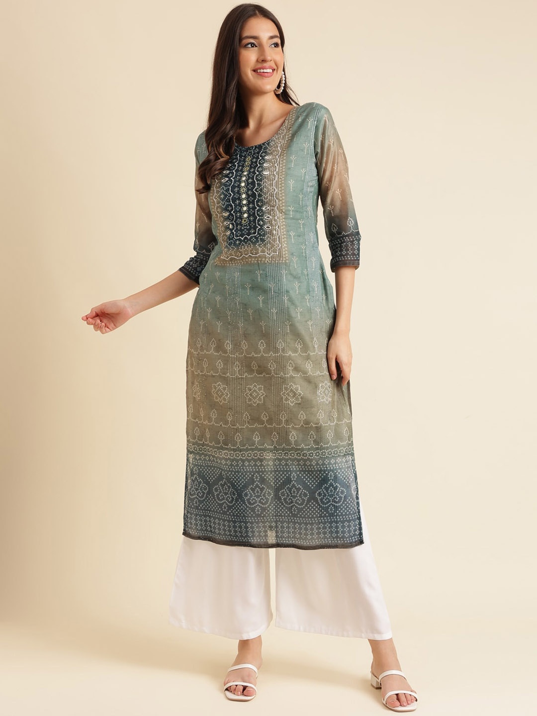 

HERE&NOW Bandhani Printed Sequinned Straight Kurta, Blue