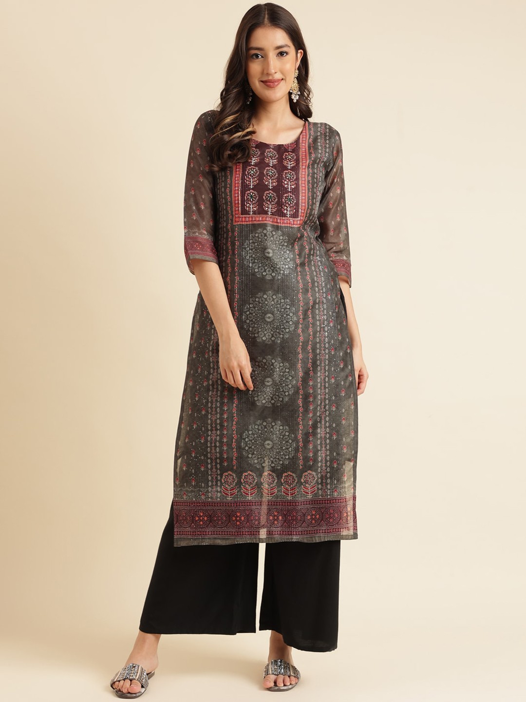 

HERE&NOW Floral Printed Sequinned Straight Kurta, Olive