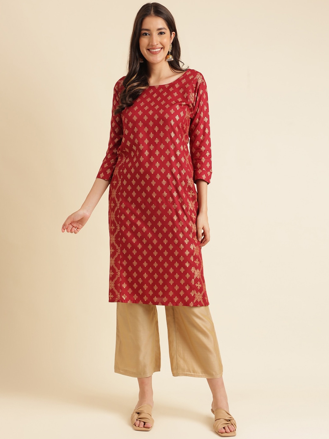 

HERE&NOW Ethnic Motifs Printed Straight Kurta, Maroon