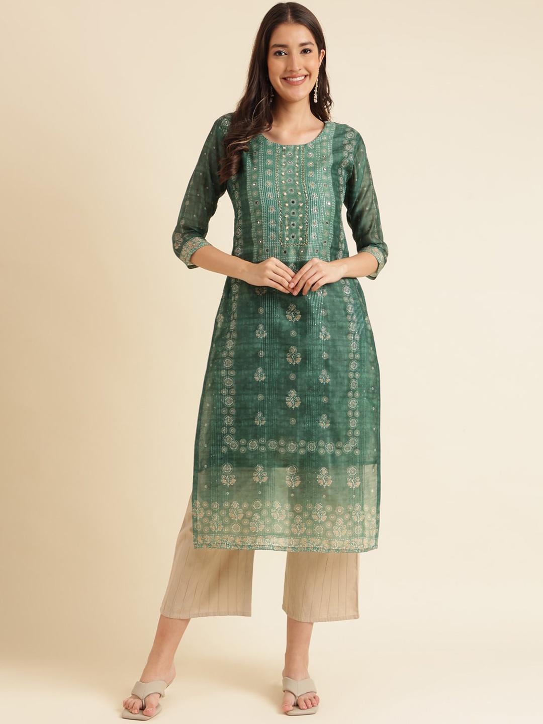 

HERE&NOW Floral Printed Sequinned Straight Kurta, Sea green