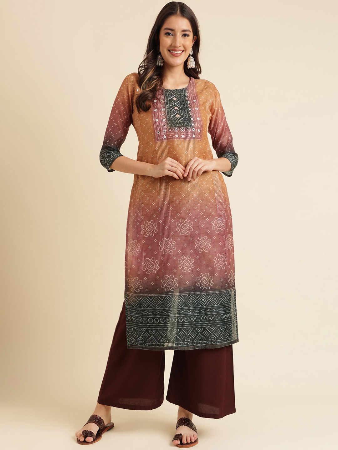

HERE&NOW Bandhani Printed Thread Work Kurta, Orange