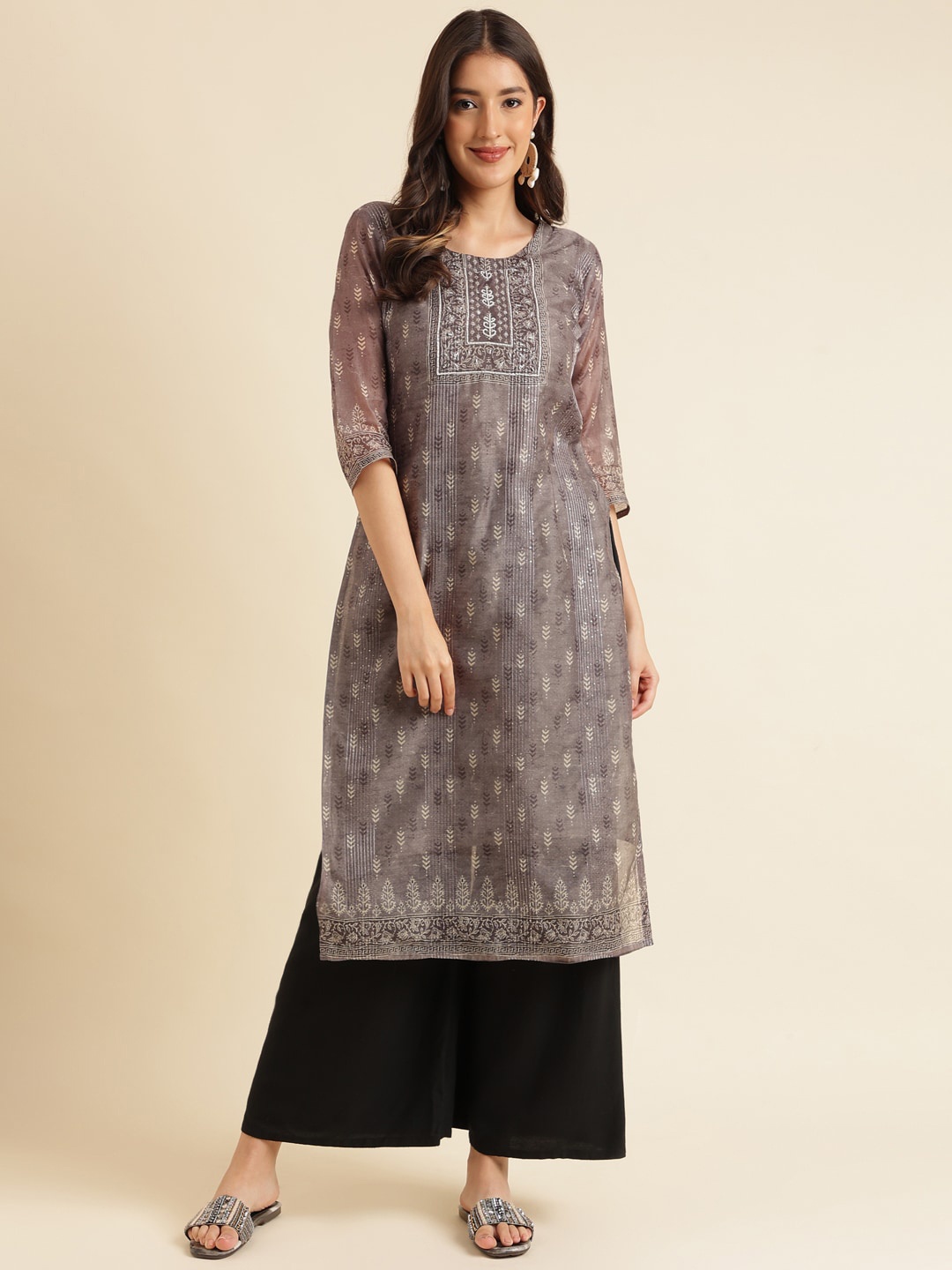 

HERE&NOW Ethnic Motifs Printed Beads & Stones Straight Regular Kurta, Grey