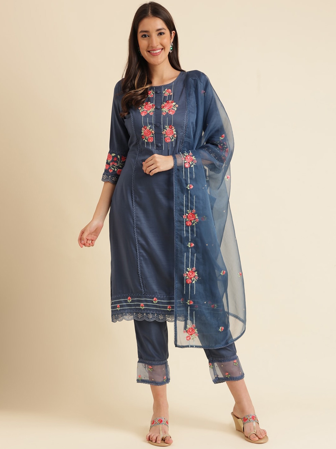 

HERE&NOW Floral Yoke Design Thread Work Kurta With Trousers & Dupatta, Navy blue