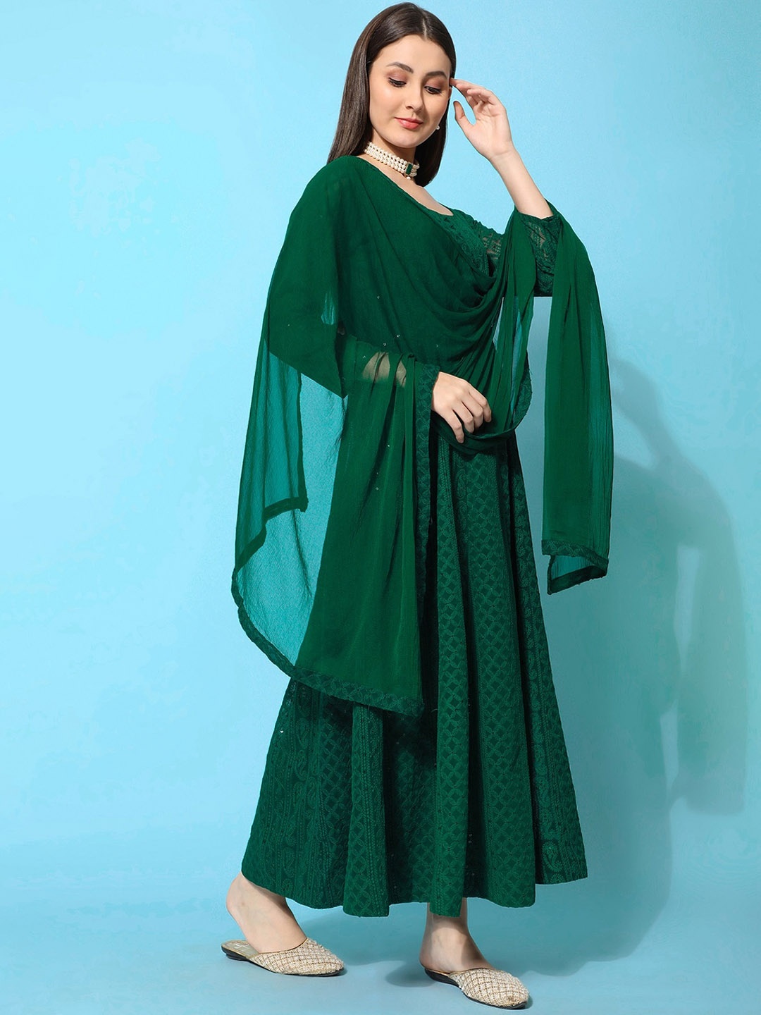 

BLACK SCISSOR Ethnic Motifs Chikankari Embroidered Maxi Ethnic Dresses With Dupatta, Green