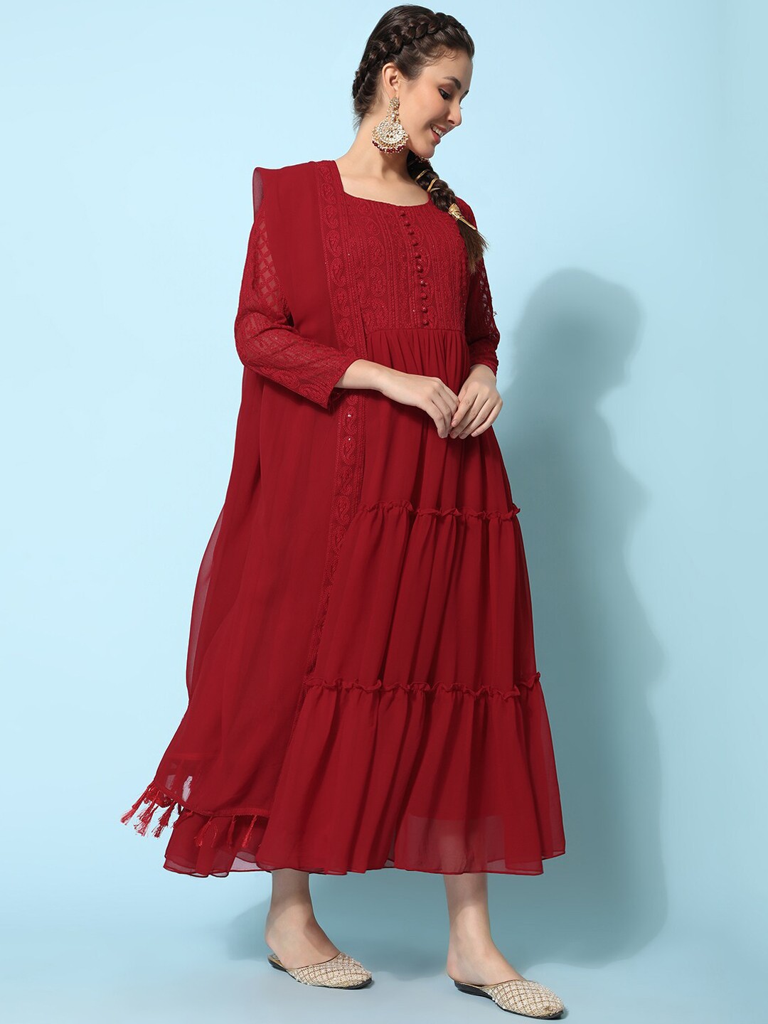 

BLACK SCISSOR Ethnic Motifs Embroidered Sequinned Maxi Ethnic Dresses With Dupatta, Maroon