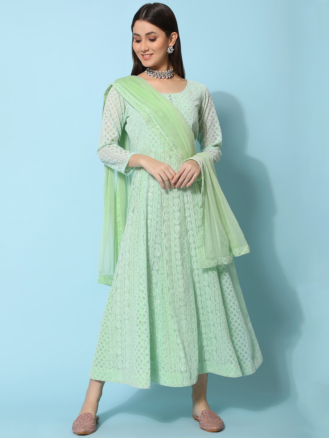 

BLACK SCISSOR Embroidered Georgette Maxi Ethnic Dresses, Green
