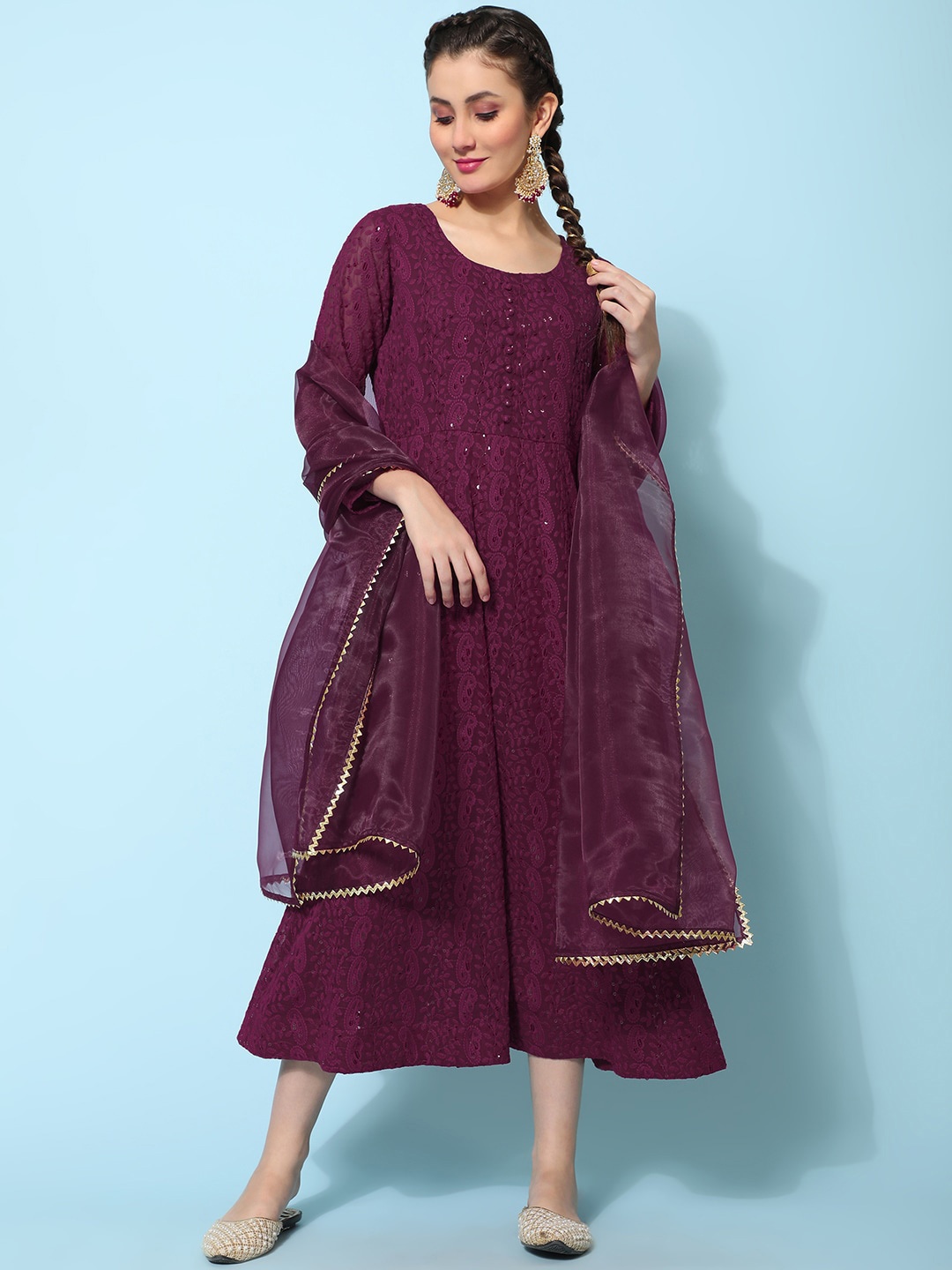 

BLACK SCISSOR Embroidered Sequinned Georgette Fit & Flare Midi Ethnic Dress With Dupatta, Burgundy