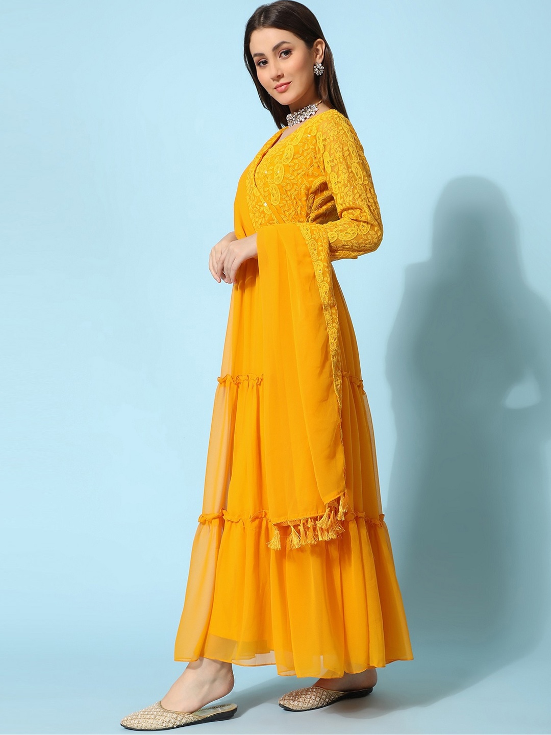 

BLACK SCISSOR Ethnic Motifs Chikankari Embroidered Tiered Maxi Ethnic Dresses With Dupatta, Yellow