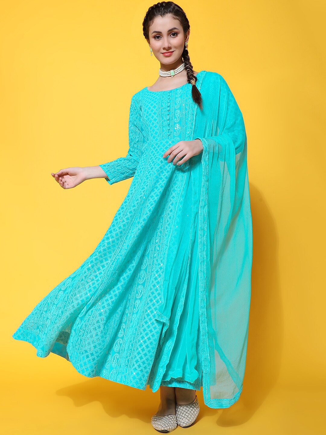 

BLACK SCISSOR Ethnic Motifs Chikankari Embroidered Maxi Ethnic Dresses With Dupatta, Turquoise blue