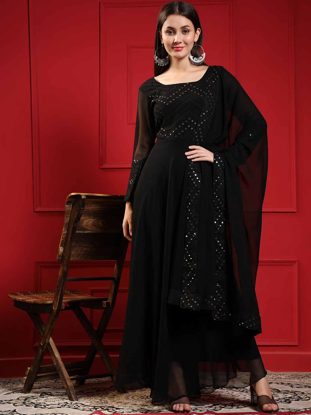 

BLACK SCISSOR Embroidered Georgette Maxi Ethnic Dresses