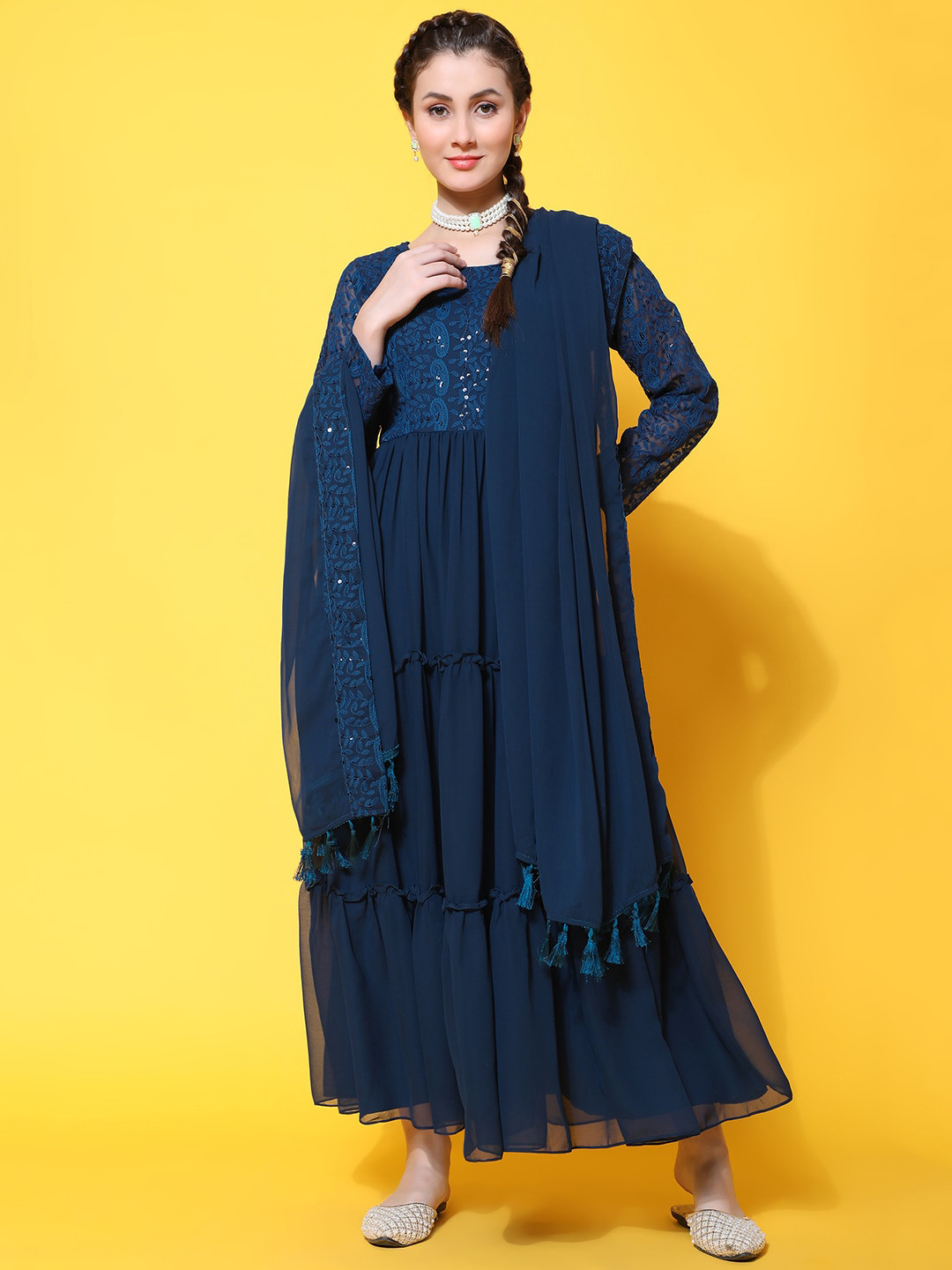 

BLACK SCISSOR Embroidered Georgette Maxi Ethnic Dresses, Navy blue