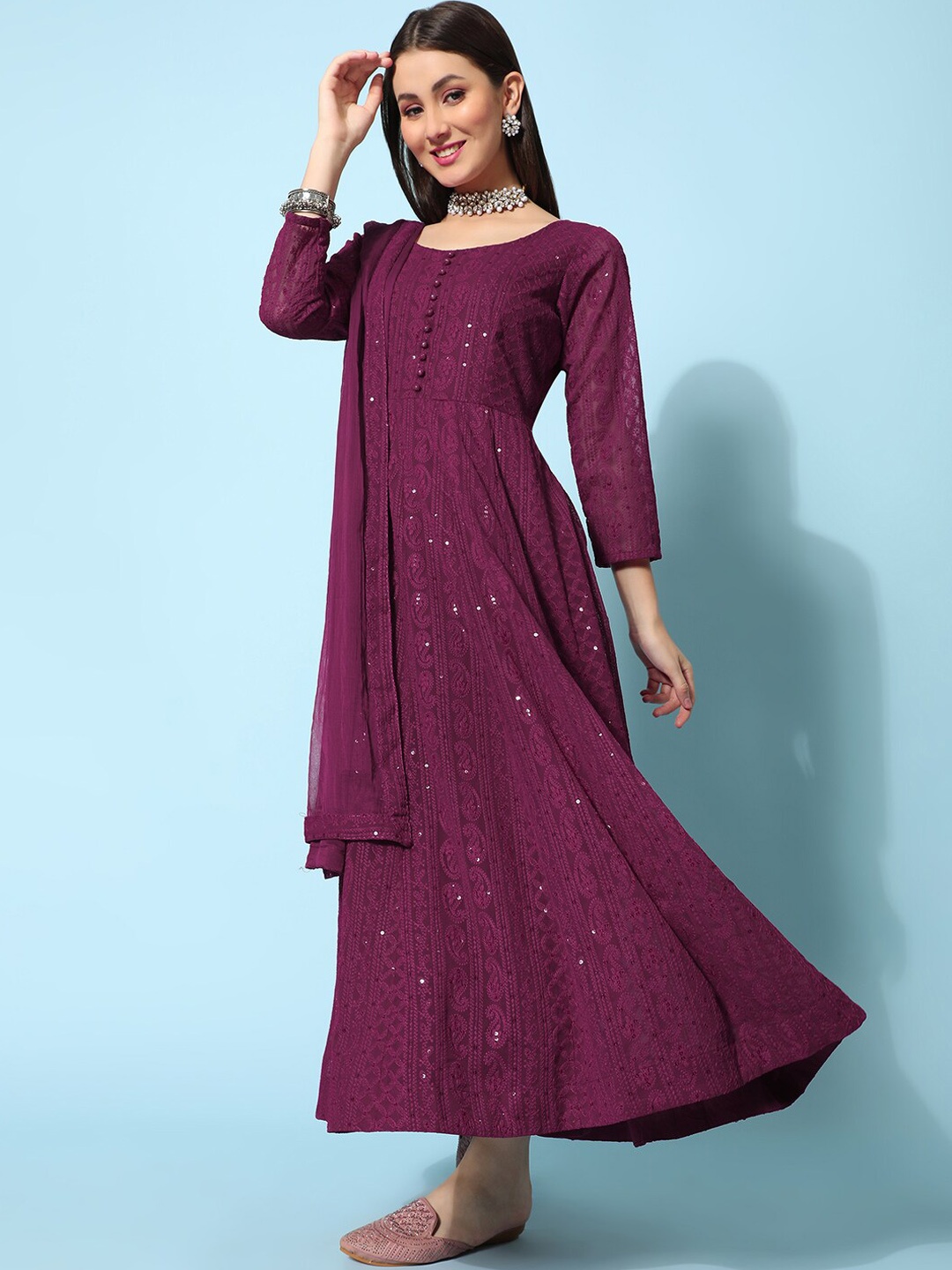 

BLACK SCISSOR Ethnic Motifs Chikankari Embroidered Maxi Ethnic Dresses With Dupatta, Burgundy