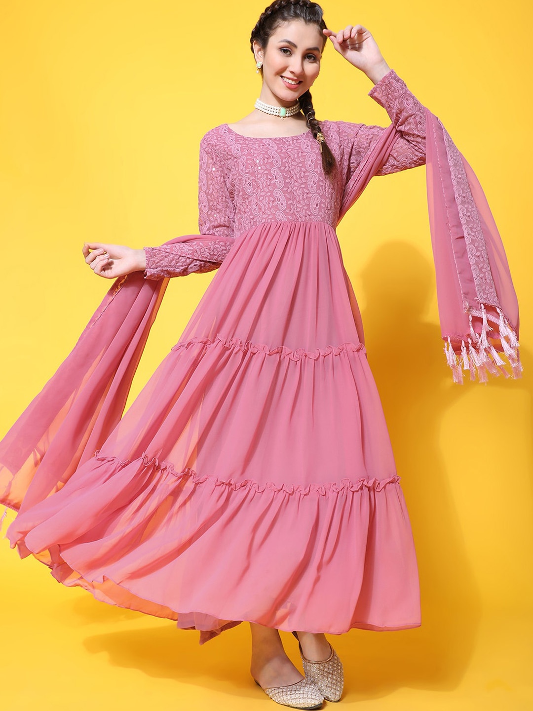 

BLACK SCISSOR Embroidered Georgette Maxi Ethnic Dresses, Pink