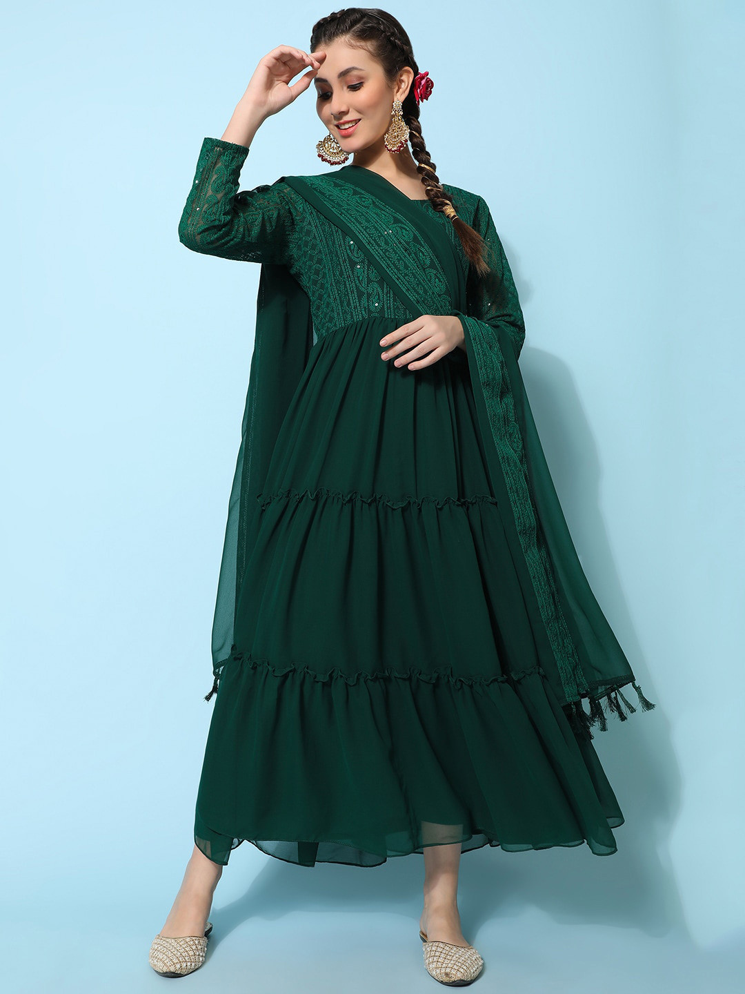 

BLACK SCISSOR Ethnic Motifs Embroidered Sequinned Maxi Ethnic Dresses With Dupatta, Green