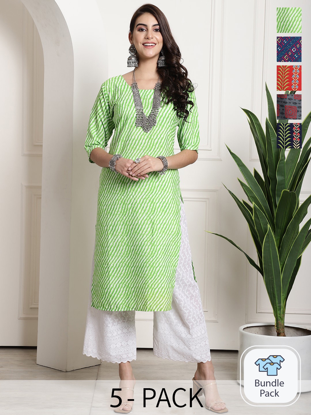 

7Threads Selection of 5 Printed Round Neck Straight Kurtas, Green