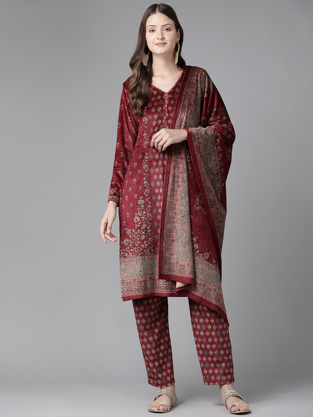 

Cayman Ethnic Motifs Printed Beads & Stones Pure Wool Kurta with Trousers & Dupatta, Red