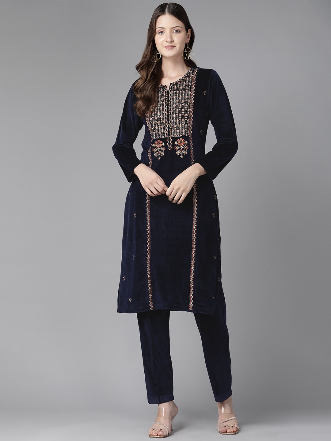 

Cayman Ethnic Motifs Embroidered Panelled Sequinned Pure Wool Kurta with Trousers, Navy blue