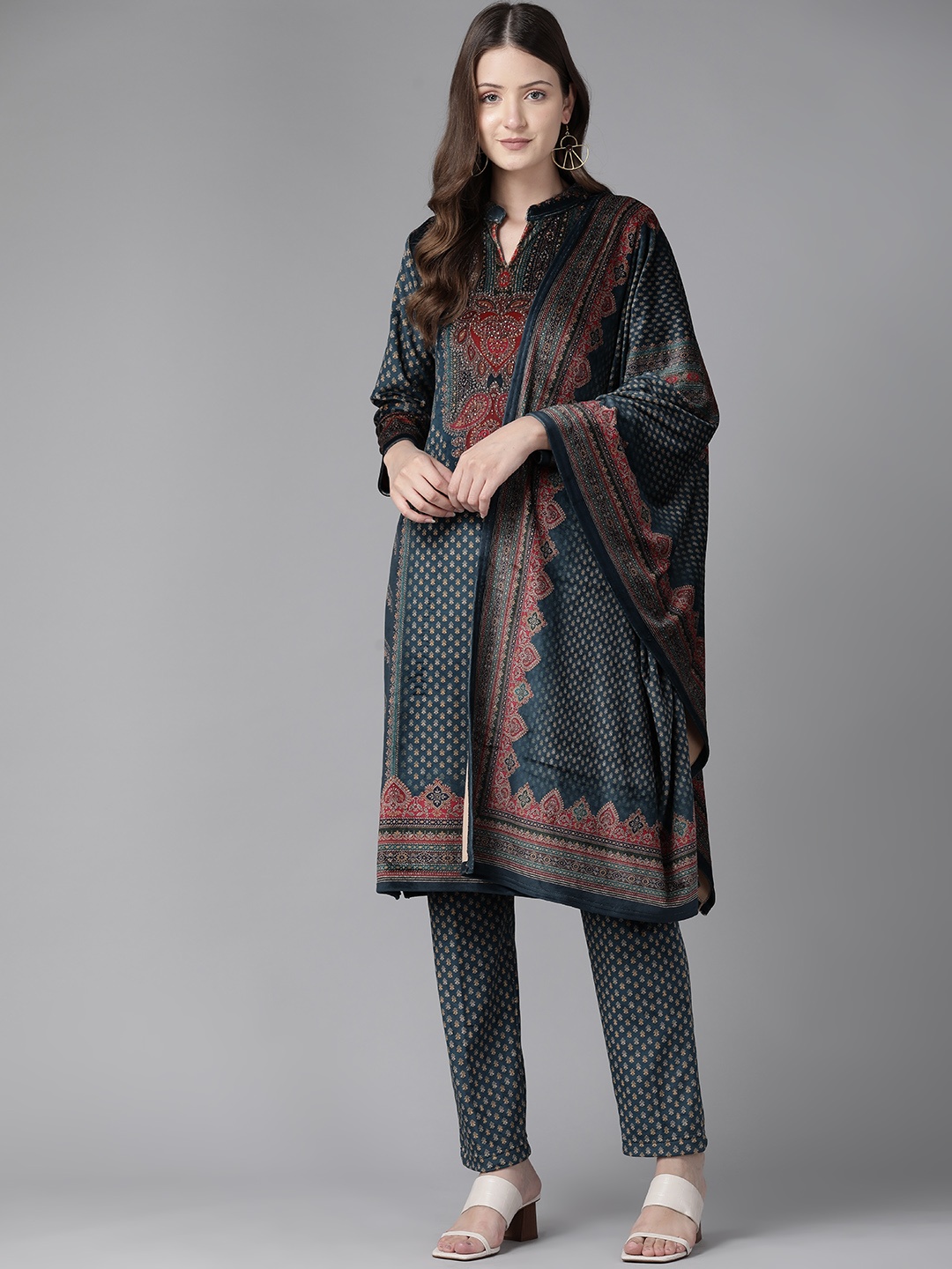 

Cayman Ethnic Motifs Printed Beads & Stones Pure Wool Kurta with Trousers & Dupatta, Teal