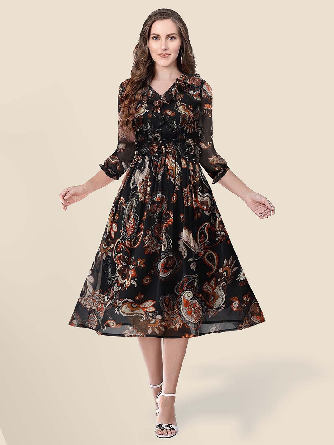 

BAESD Paisley Printed V-Neck Puff Sleeve Georgette Fit & Flare Dress, Black
