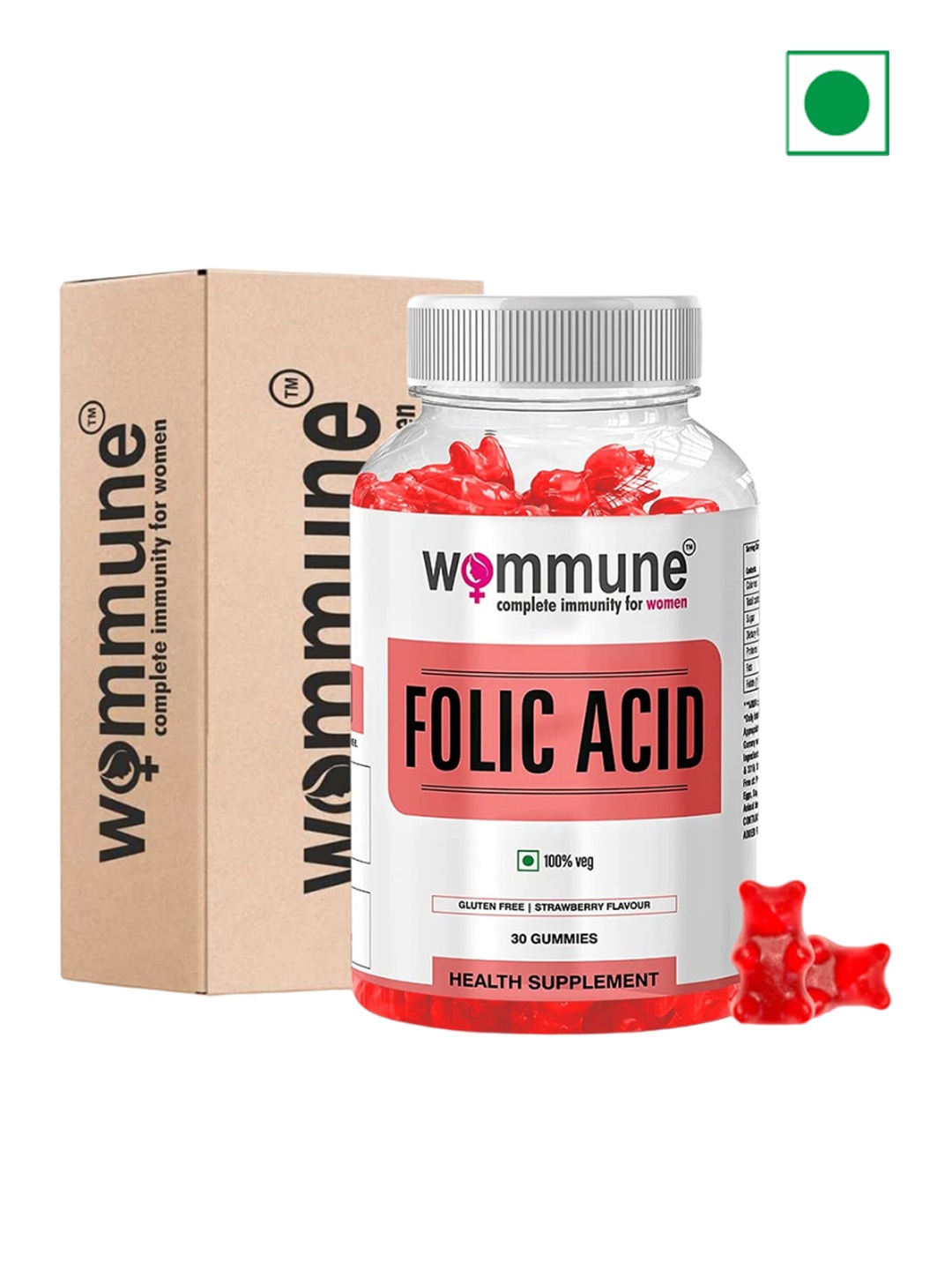 

WOMMUNE Women Strawberry Flavor Folic Acid Gummies to Boost Haemoglobin - 30 Gummies, Red