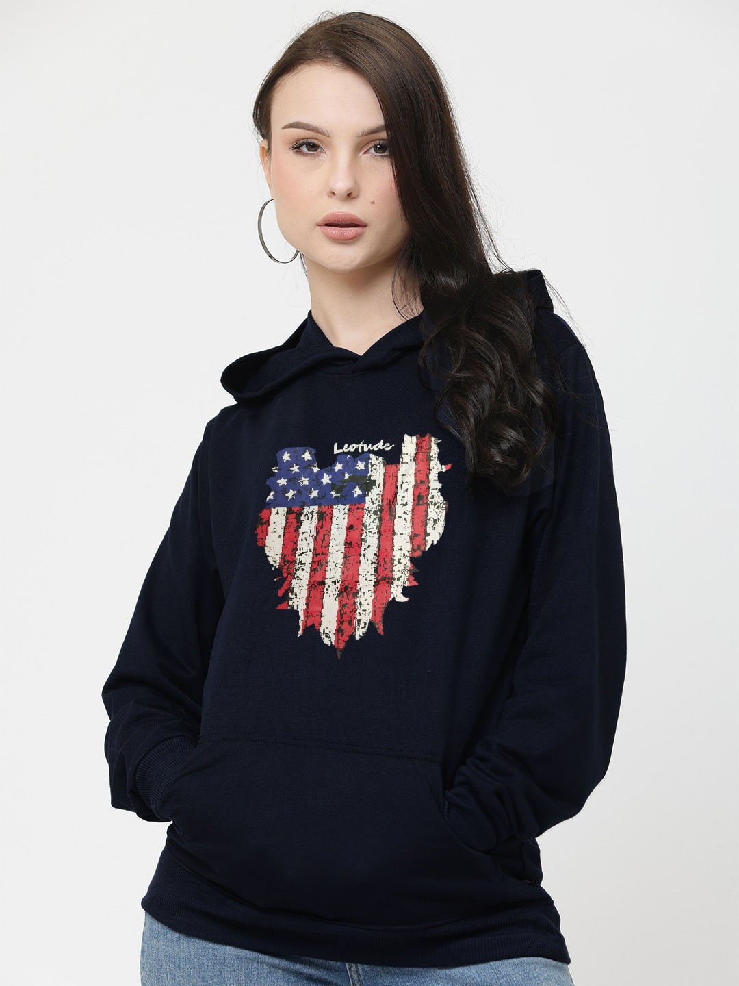 

Leotude Printed Hooded Rapid-Dry Fleece Loose Fit Pullover, Navy blue