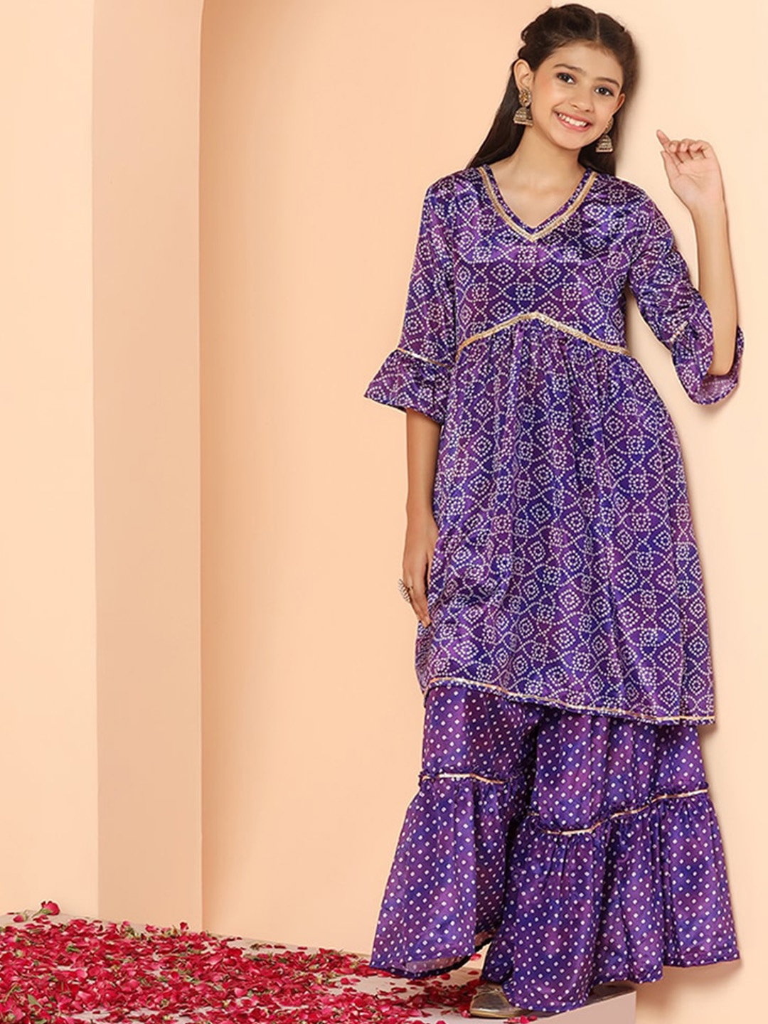 

FASHION DREAM Girls Bandhani Printed V-Neck Empire Gotta Patti Kurta With Sharara, Purple