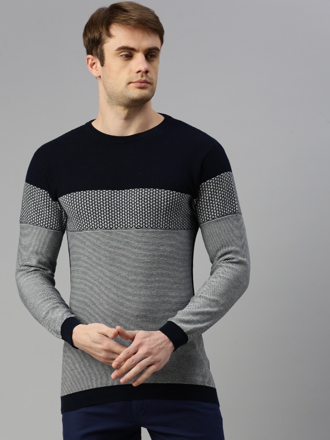 

ZEDD Colourblocked Round Neck Cotton Casual T-Shirt, Navy blue