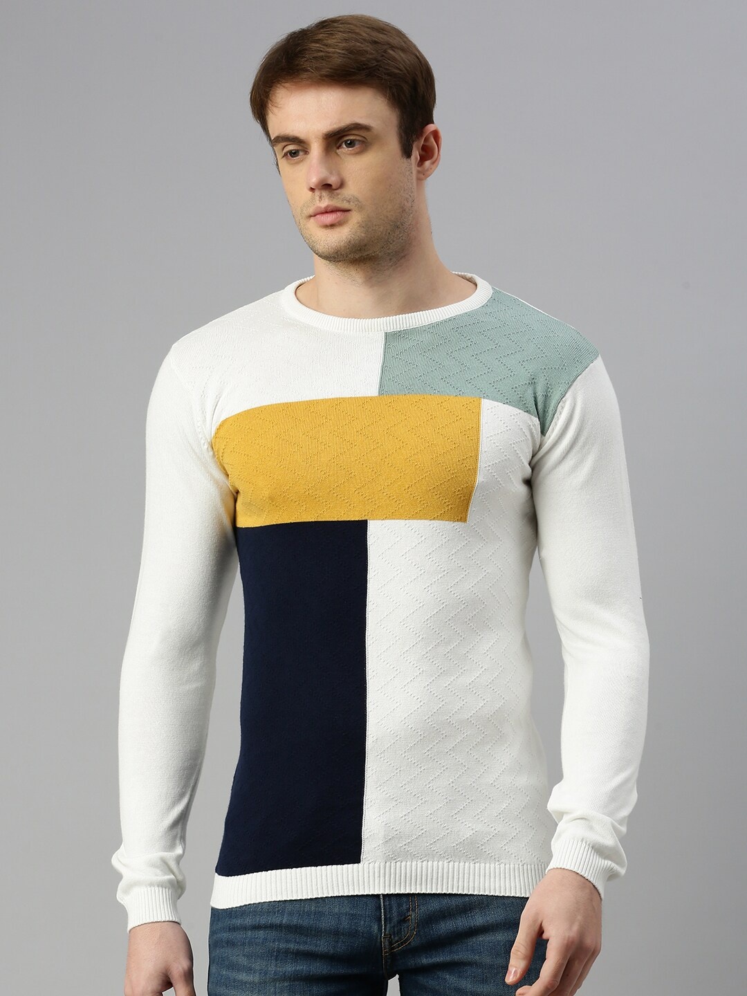 

ZEDD Colourblocked Round Neck Cotton Casual T-Shirt, White