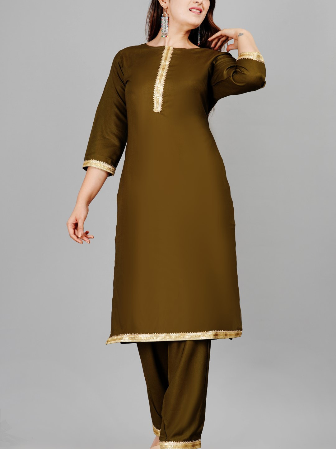 

SIPET Regular Gotta Patti Kurta with Trousers, Olive