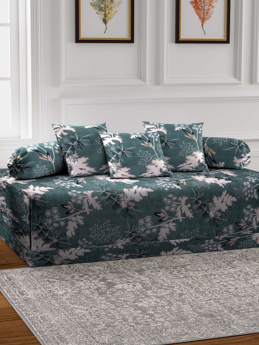 

Arrabi Green & White 6 Pieces Leaf-Printed Diwan Set