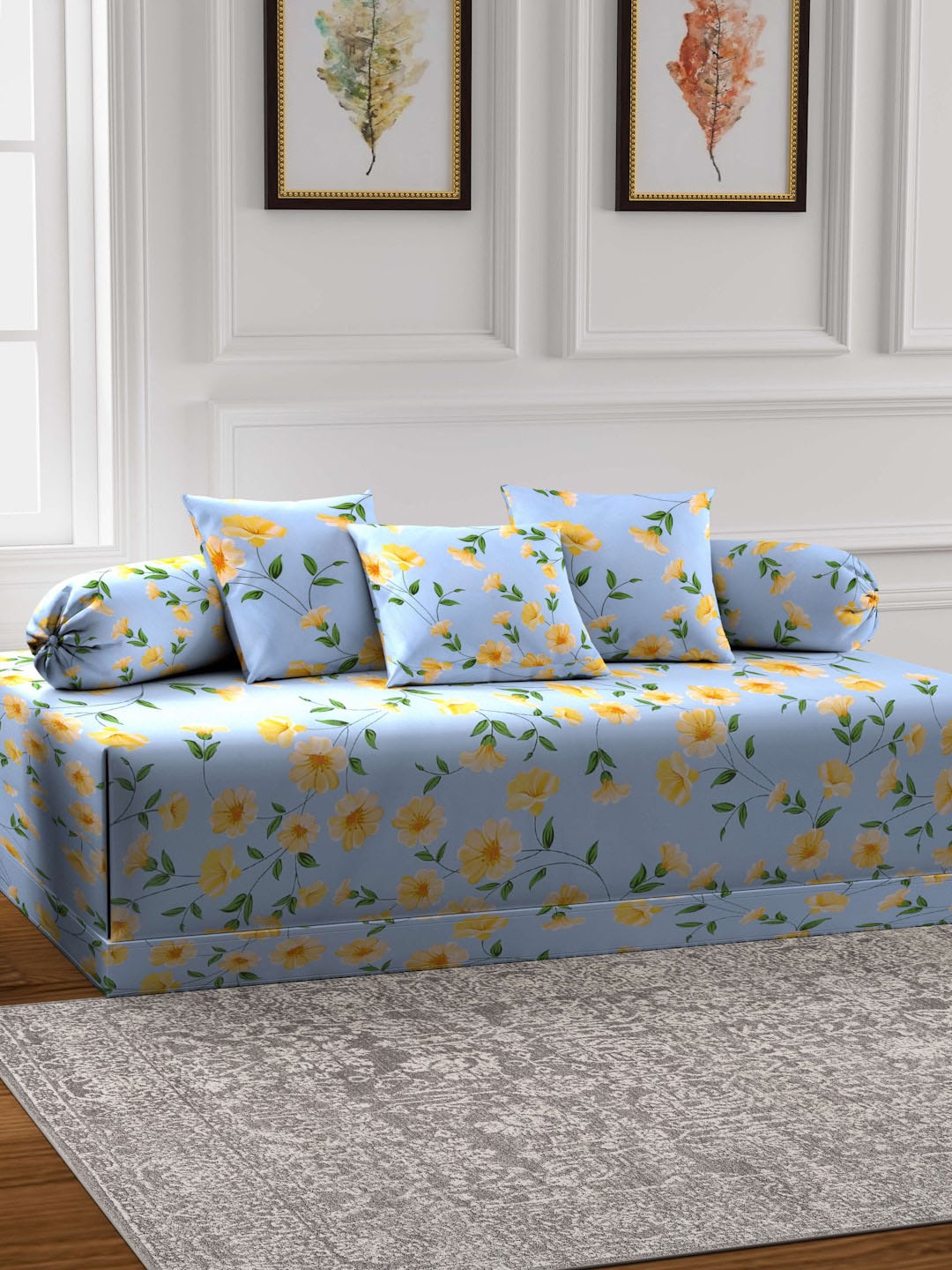 

Arrabi Blue & Orange 6 Pieces Floral Printed Diwan Set