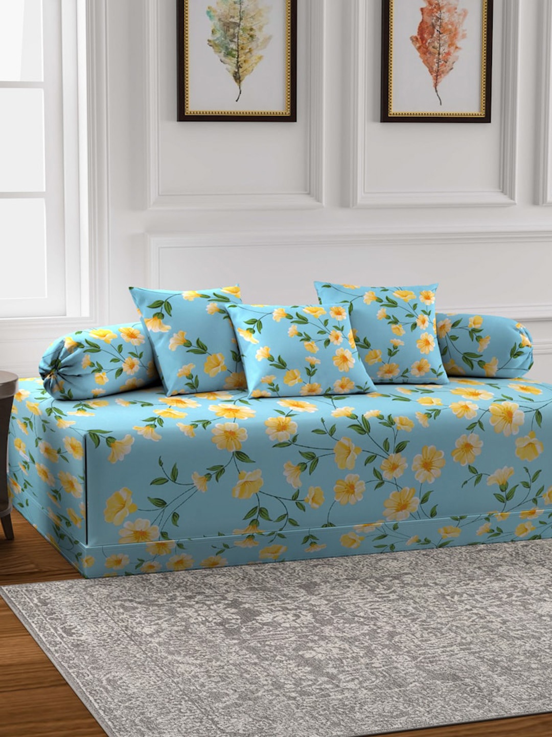 

Arrabi Blue & Orange 6 Pieces Floral Printed Diwan Set, Teal