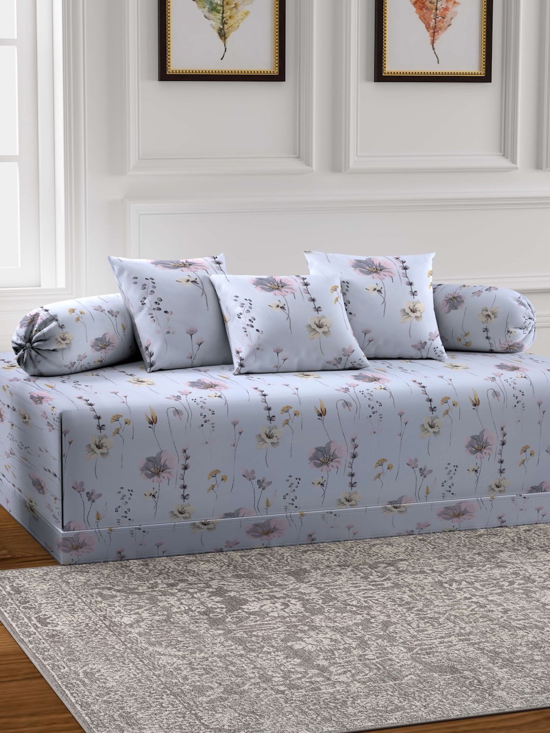 

Arrabi Grey & Blue 6 Pieces Floral Printed Diwan Set