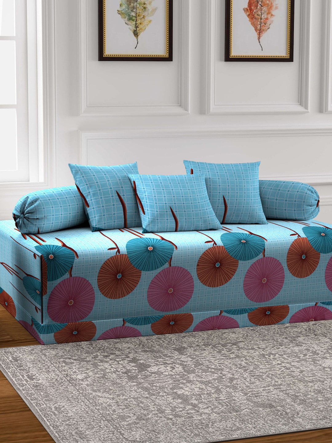 

Arrabi 6Pcs Blue & Brown Geometric-Printed Diwan Set
