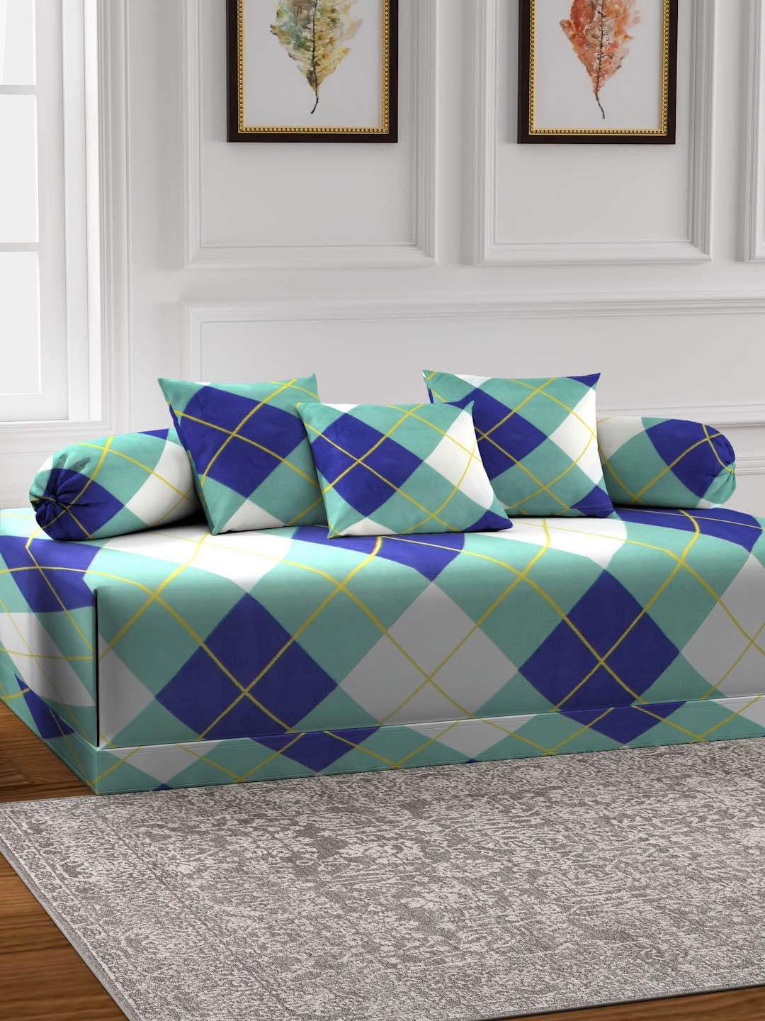 

Arrabi Blue & Green 6 Pieces Checked Diwan Set