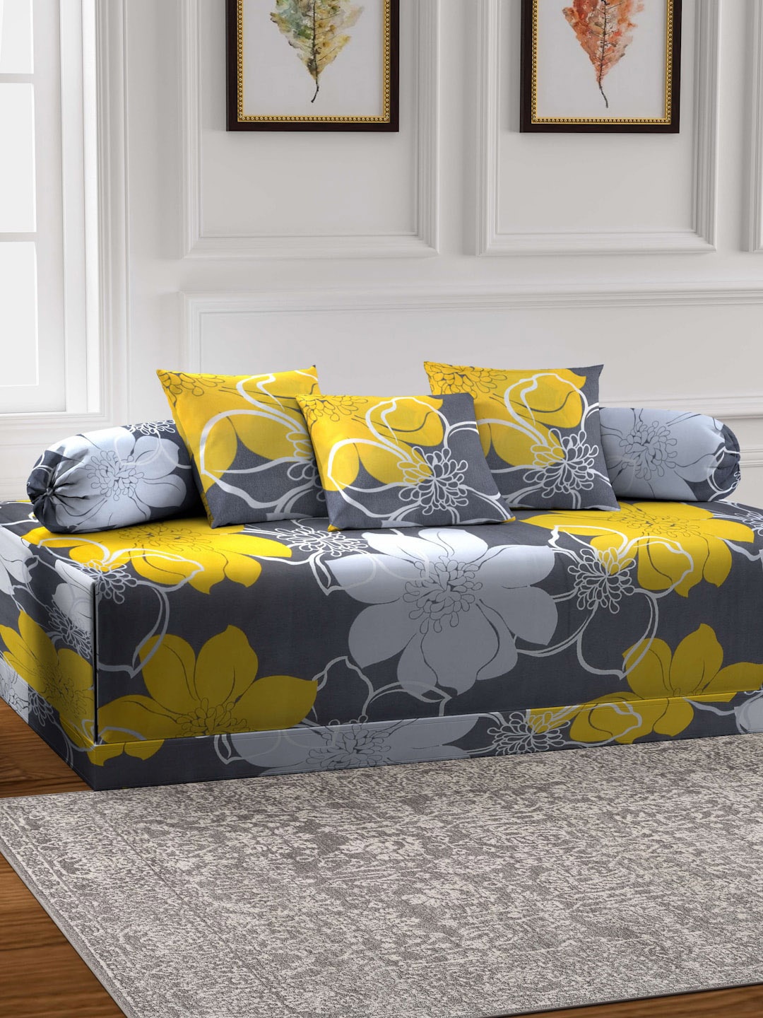 

Arrabi Grey & Yellow 6 Pieces Floral Printed Diwan Set