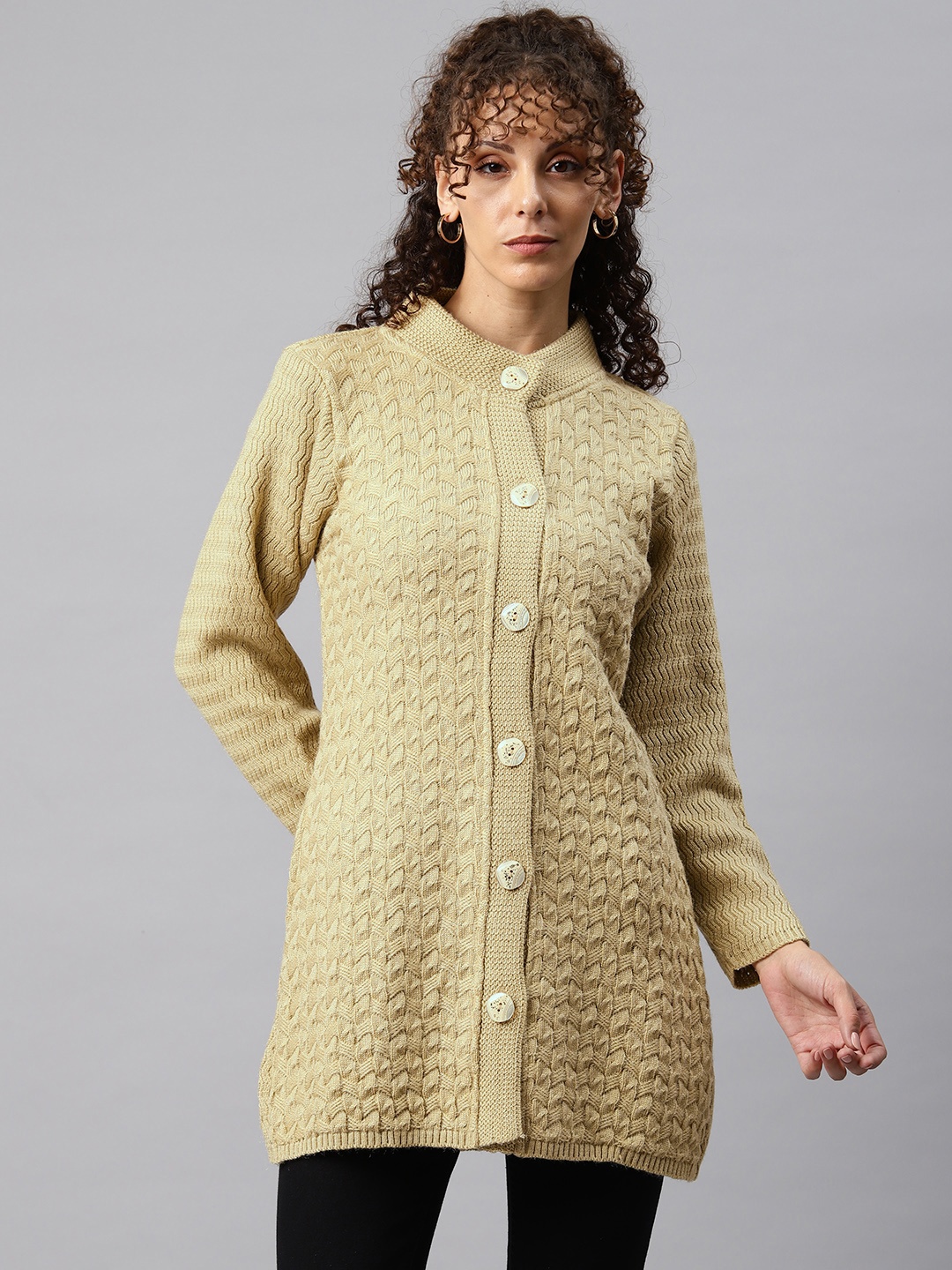 

One Femme Women Cable Knit Woollen Longline Cardigan, Brown