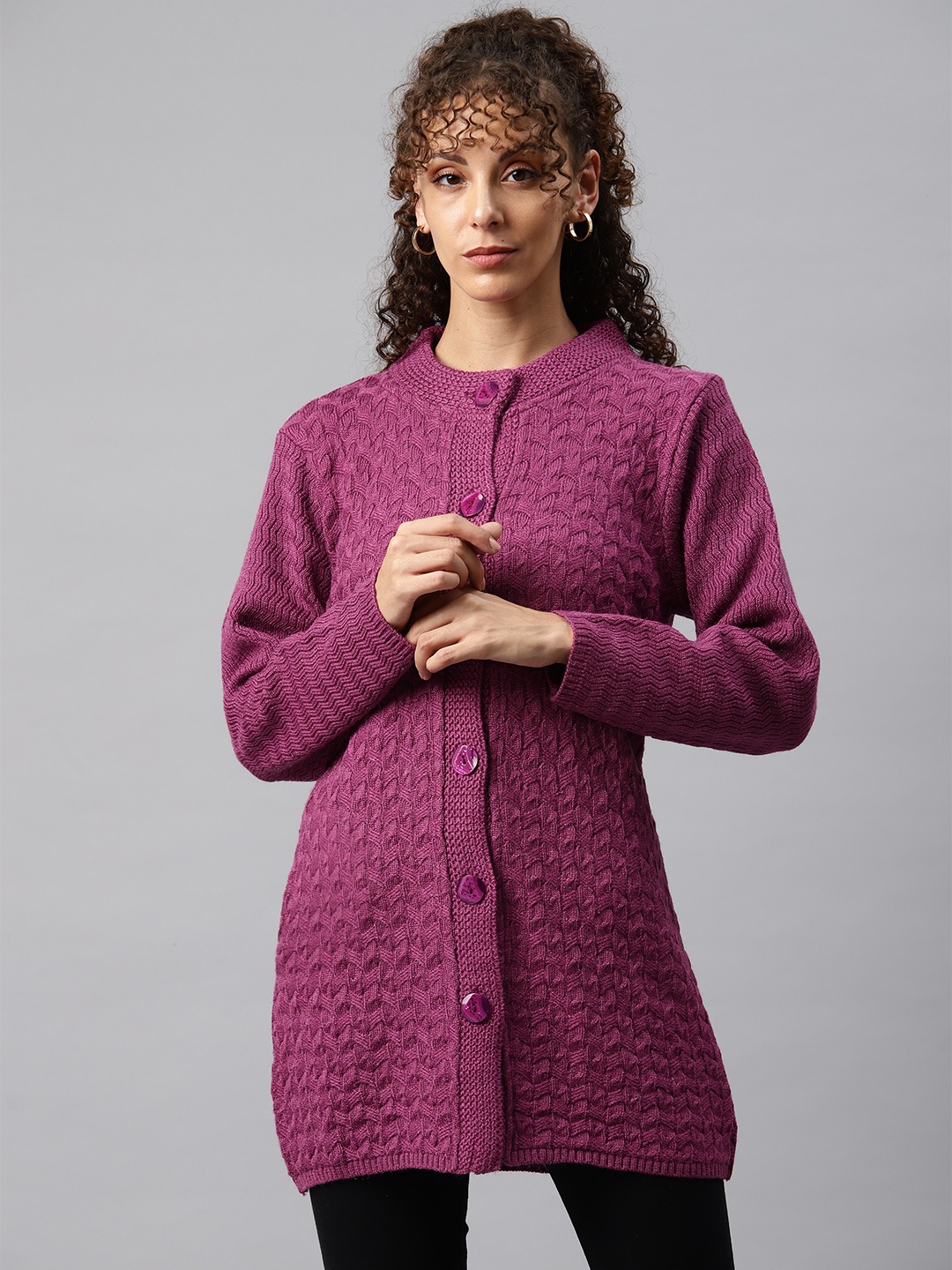 

One Femme Women Solid Woollen Longeline Sweater, Purple