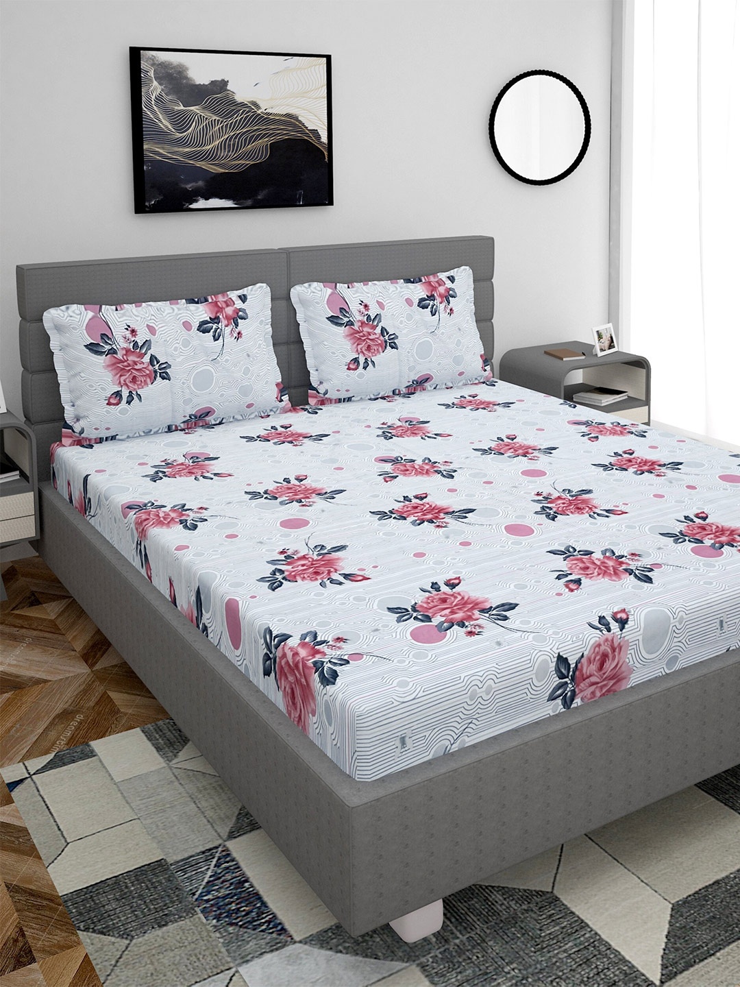 

Stylespace by Isha Pink & White Floral 250 TC Fitted King Bedsheet with 2 Pillow Covers