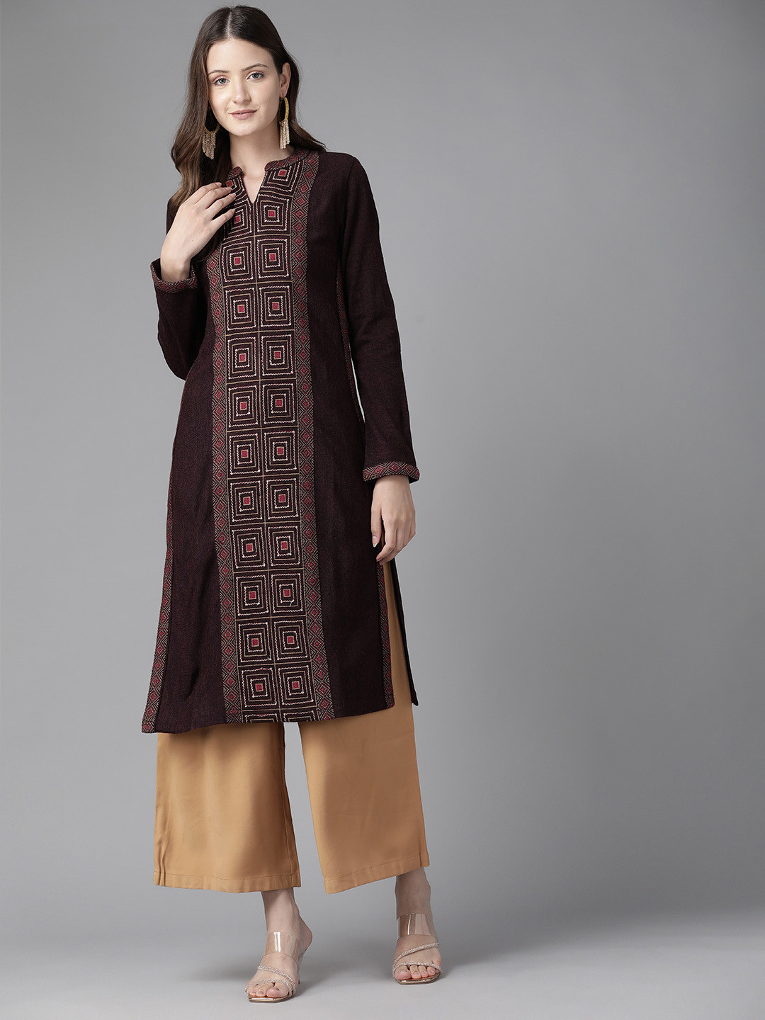 

Cayman Geometric Printed Panelled Zari Woollen Kurta, Coffee brown