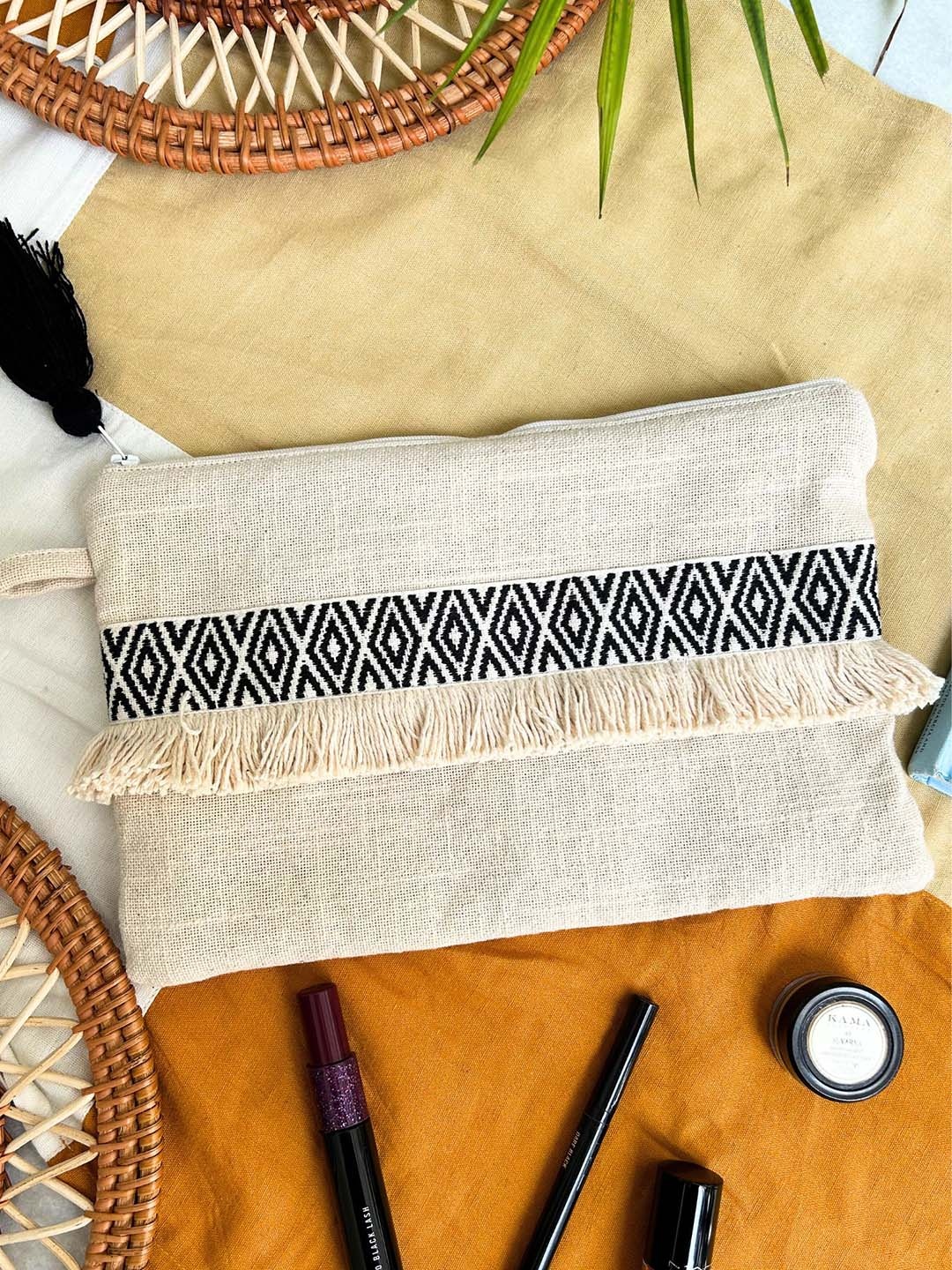 JASMEY HOMES Cotton Fringed Envelope Clutch, Cream