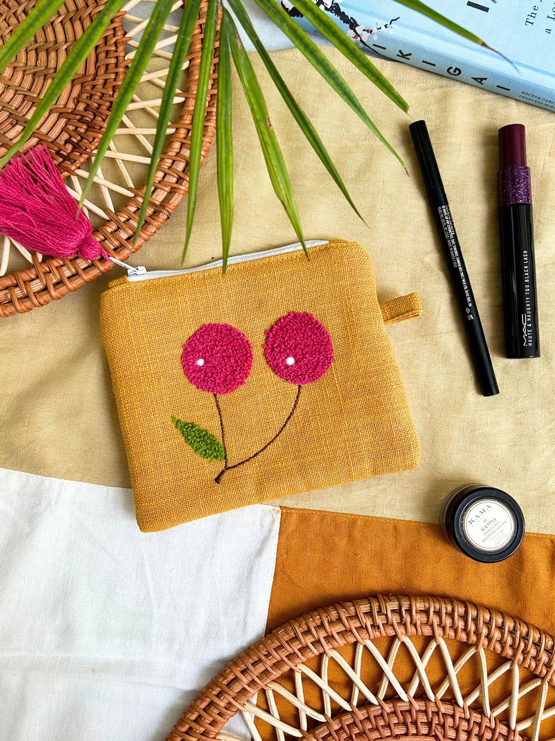 

JASMEY HOMES Floral Embroidered Cotton Pouch, Cream