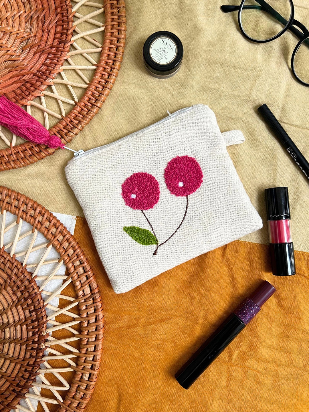

JASMEY HOMES Cherry Embroidered Cotton Pouch, Cream
