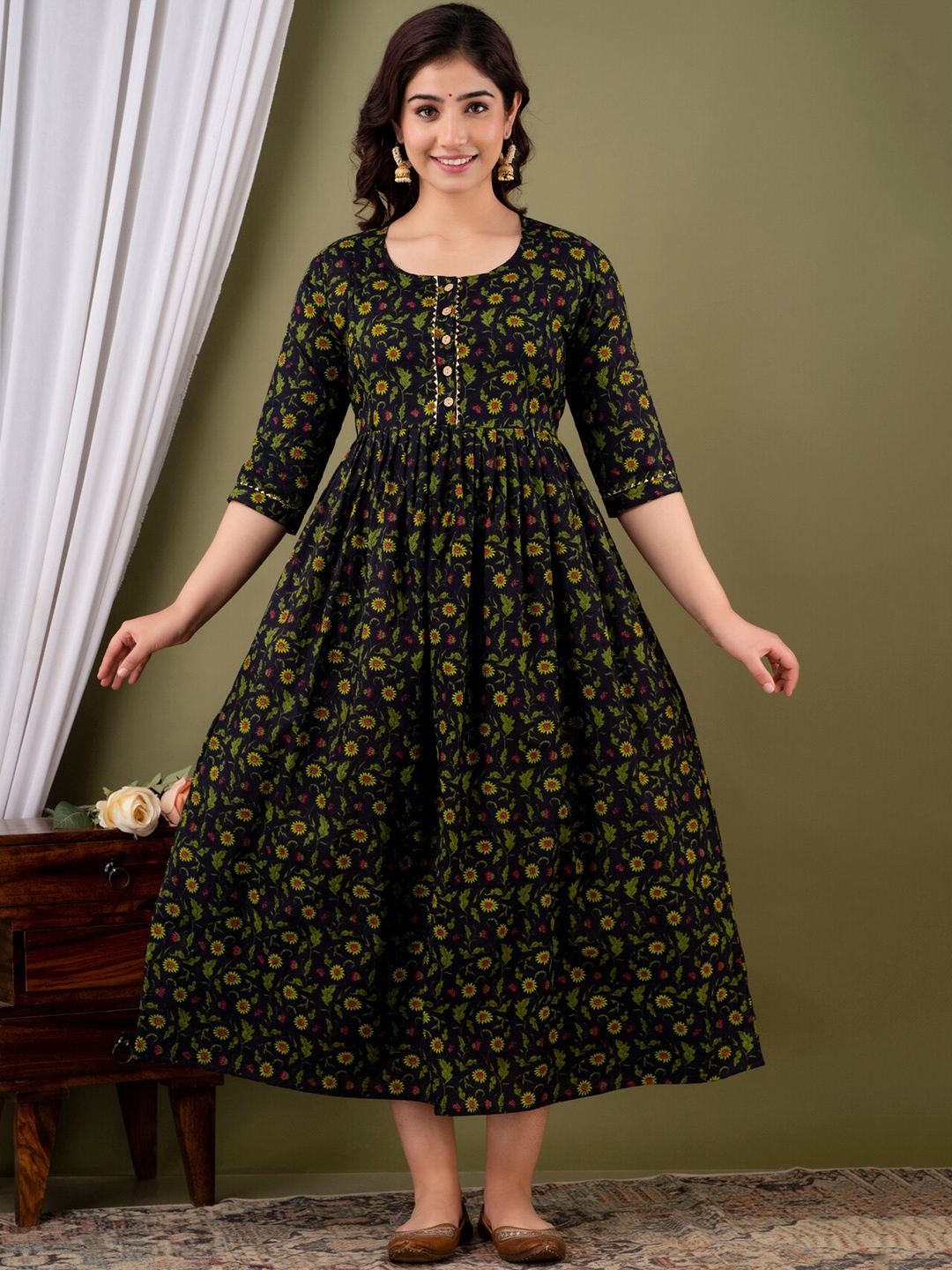 

NITVAN Floral Printed Maternity A-Line Ethnic Dress, Black