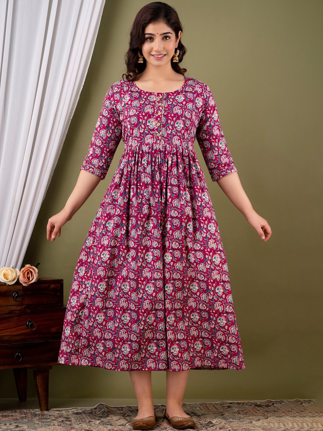 

NITVAN Ethnic Motifs Printed Maternity A-Line Ethnic Dress, Purple