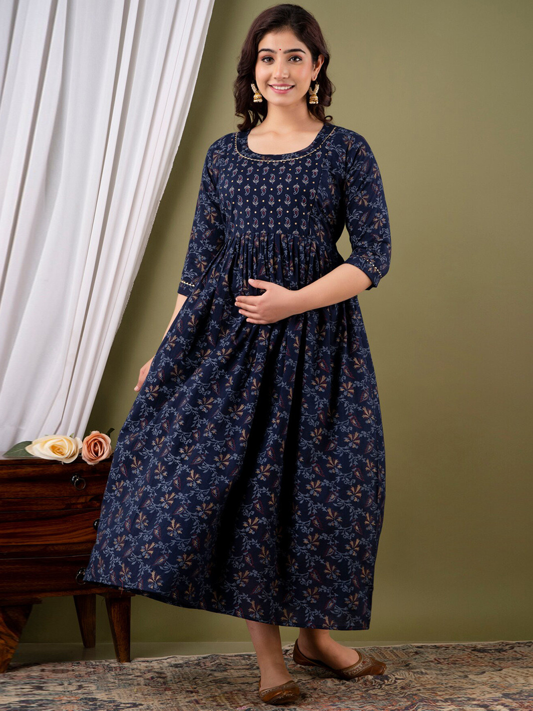 

NITVAN Ethnic Motifs Printed Cotton Anarkali Maternity Feeding Kurta, Navy blue