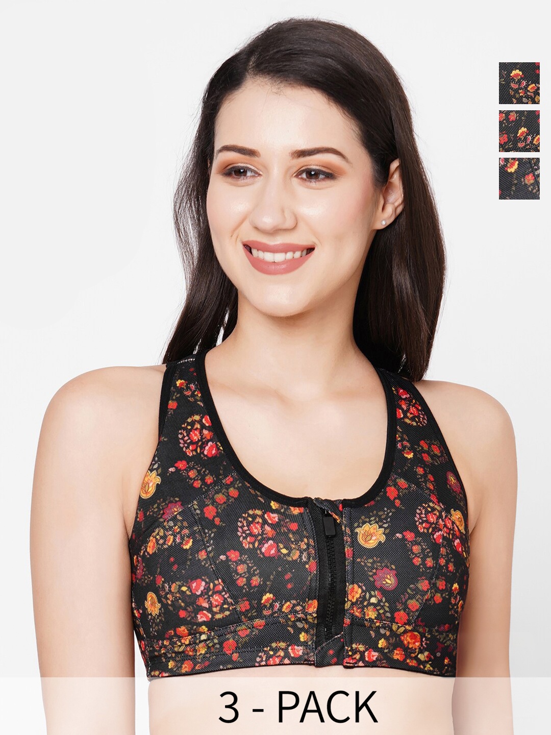 

Inner Sense Pack Of 3 Floral Full Coverage Anti Microbial Sports Bra, Black