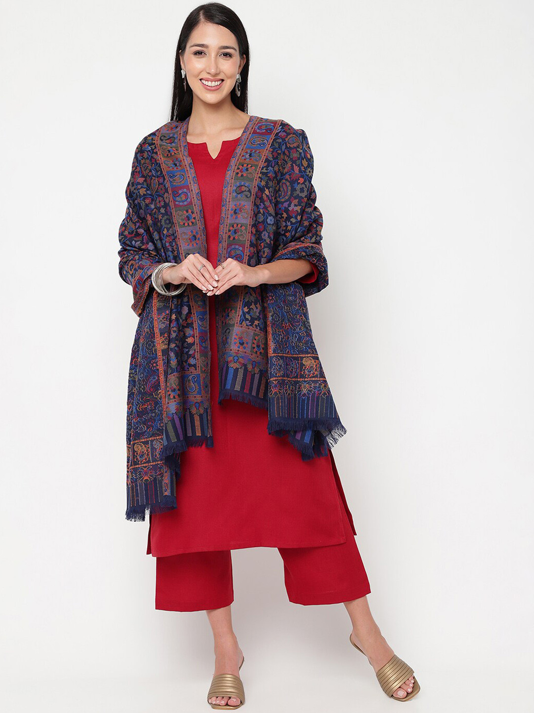 

La Vastraa Women Woven-Design Woollen Shawl, Navy blue