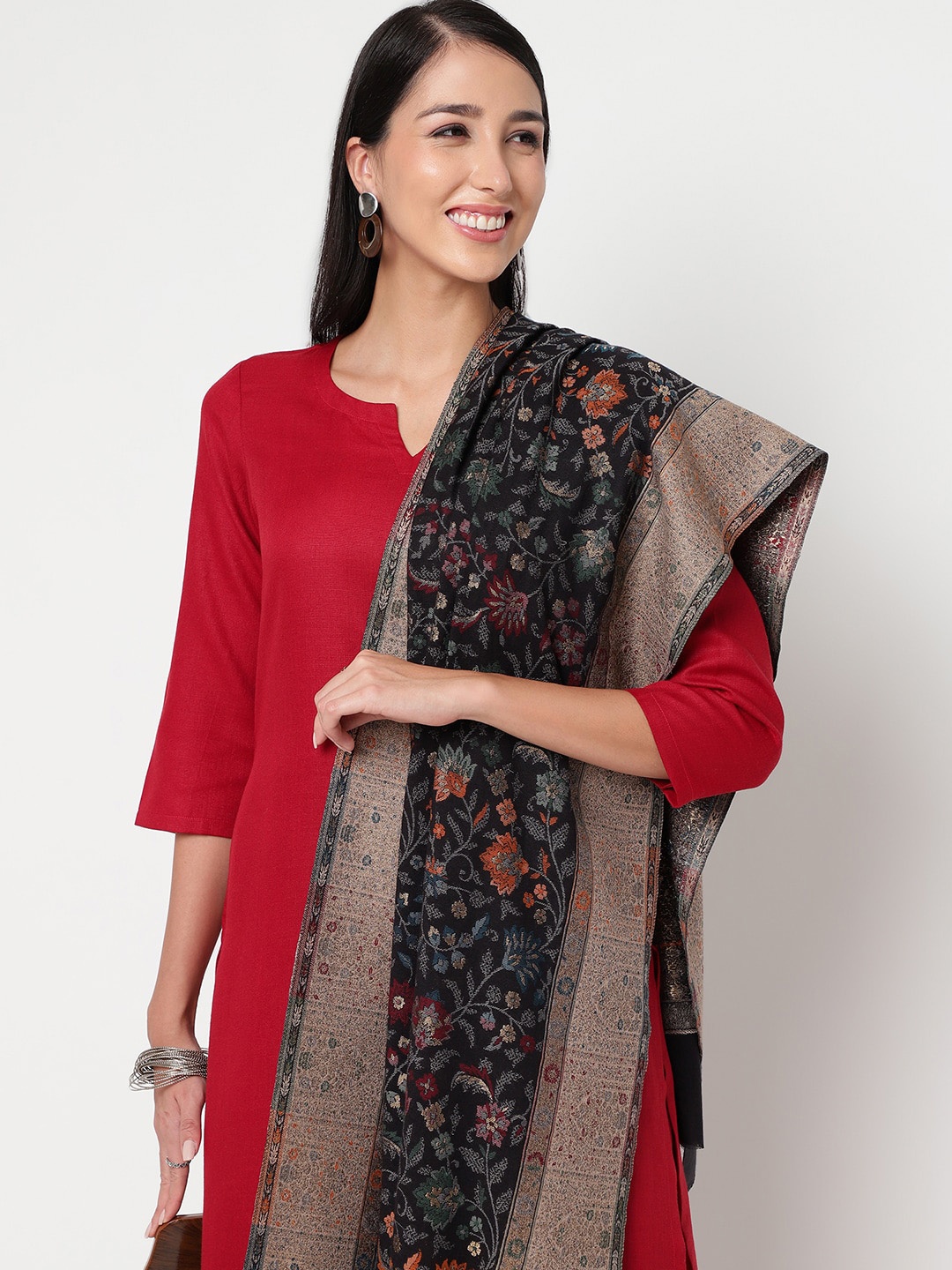 

La Vastraa Floral Woven-Design Woollen Shawl, Black